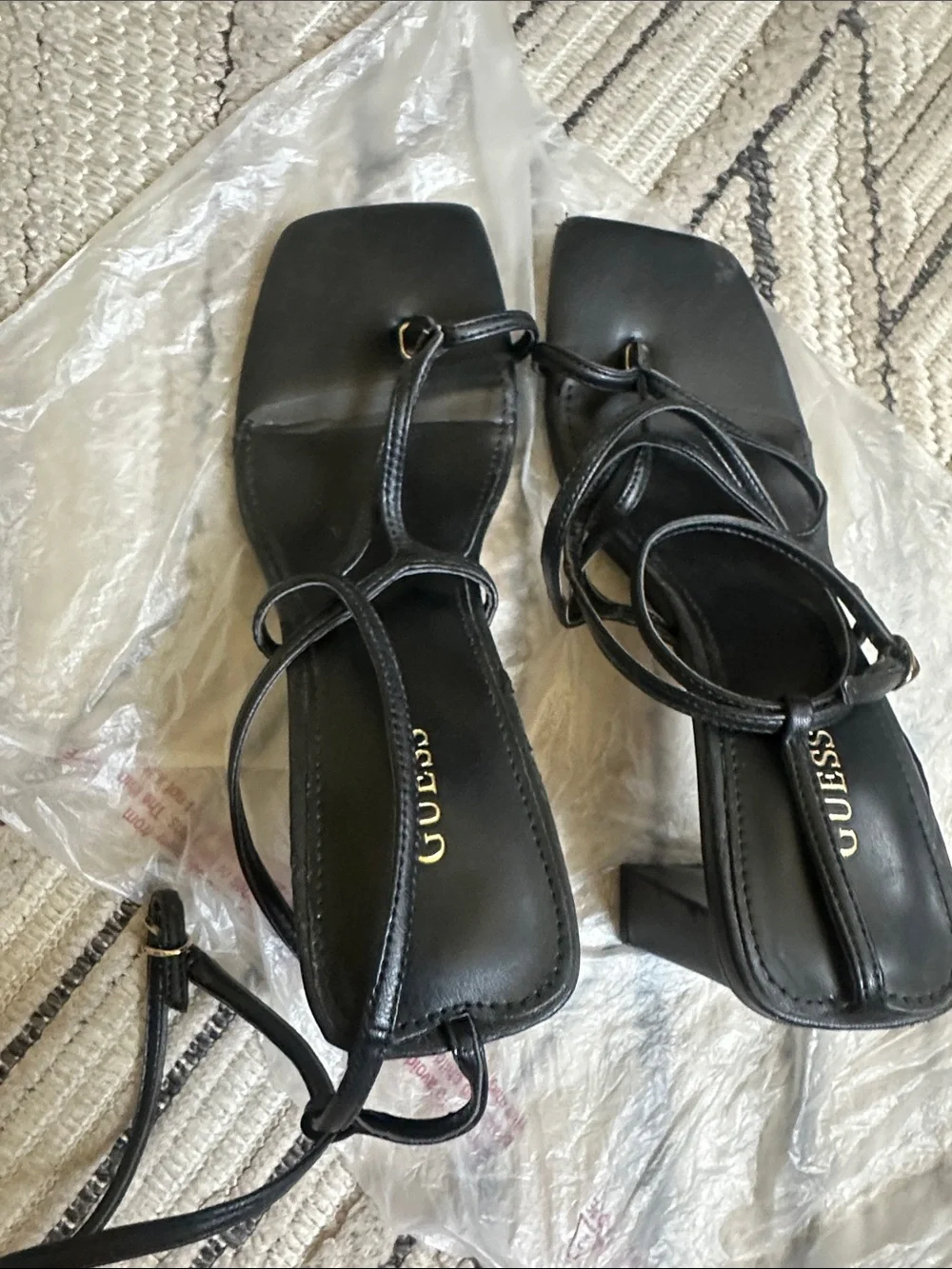 GUESS Black Strappy Square-Toe Block Heel Sandals